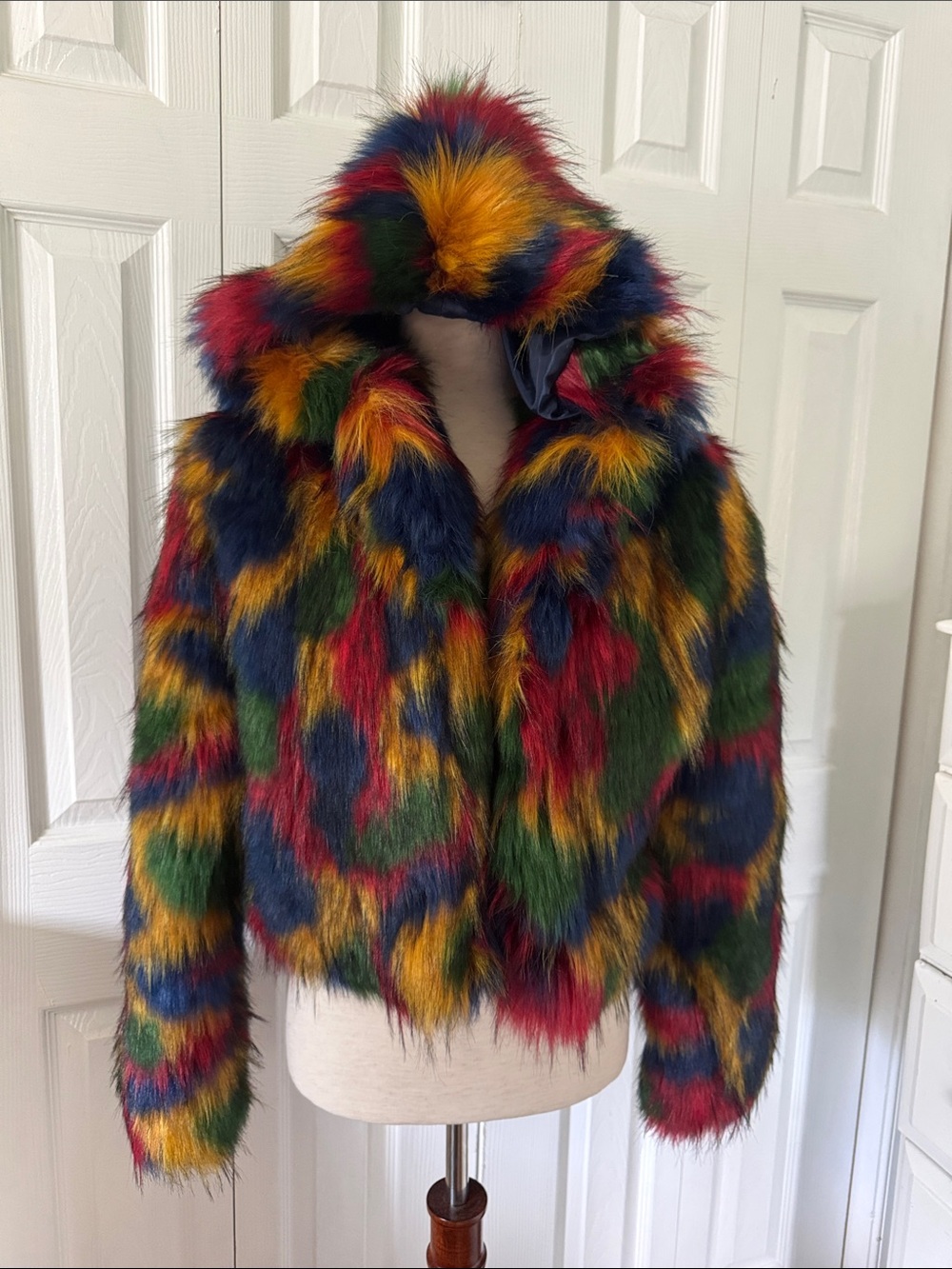 L'ATISTE by AMY Multi-Color Fur Short Crop Hooded Coat Small